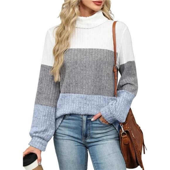 Oversized Boho Color Block Turtleneck Sweater | Cozy Fall & Winter Tunic Top - Picture 3 of 5